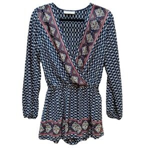 Addie Romper Boho Chic Navy Blue Geometric Print V-Neck Long‎ Sleeve Casual Size